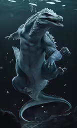 a sea dragon jumping above the water and breaking up a rock