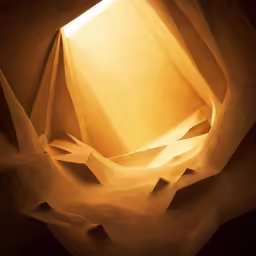 a yellow light that is in a large, narrow room