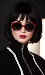 woman in black jacket and sunglasses wearing red glasses