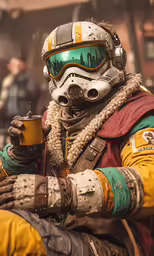 a man wearing a mask and holding a cup