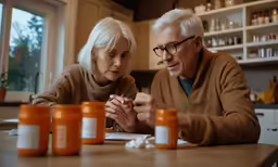 a man and woman sitting at a table, looking at pills