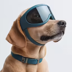 a dog wearing a blue goggle with the same eye glass
