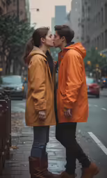 two people kissing in the rain near a building