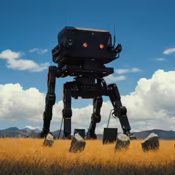a large robot sitting in a field next to rocks