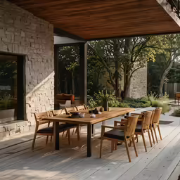 a wooden table set on a wooden deck