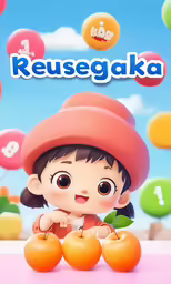 the character of reuseyako in front of an array of fruit and bubble