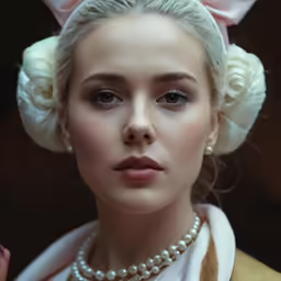 a girl with a crown, pearls and a white headpiece
