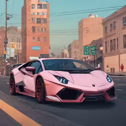 a pink lamb sports car driving down the street,a pink car is driving down the road