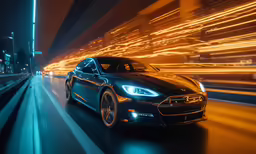 the back end of a silver sedan driving down a street at night