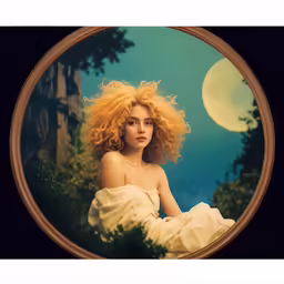 a portrait of a blonde woman with a flowing dress