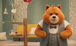the bear is dressed up in tuxedo for the role of teddy bear