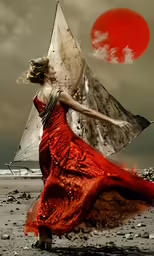 a girl wearing an orange dress holds a sailboat