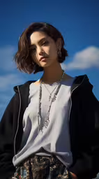 a woman wearing a sweatshirt with a silver necklace on her neck,young lady wearing black jacket and multicolored patterned shorts