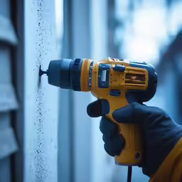 a worker uses a cordless drill to install a window