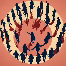 a group of people with shadow and an orange background,a circle of many silhouettes of different people
