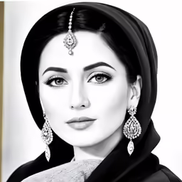 a woman in black clothes wearing an evening ensemble with large earrings