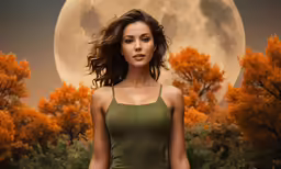 a woman with brown hair stands in front of a full moon