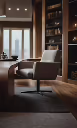 a wooden table with a white chair and wooden shelf