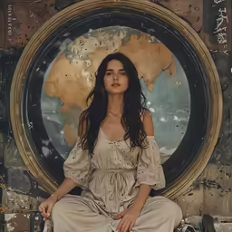 woman sitting on concrete near round painting