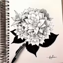 a drawing of a bouquet of flowers,the black and white flower has been drawn