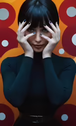 a woman holds her hands behind her head