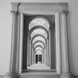 black and white photo of arched pillars and clock