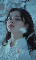 a young woman with long hair in a white dress