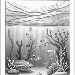 an underwater scene is shown with coral and fish,a drawing of an underwater scene with different sea life,a drawing of underwater scenery with corals and fishes,the pencil drawing shows coral reefs and fish swimming,a drawing of an underwater scene with fish