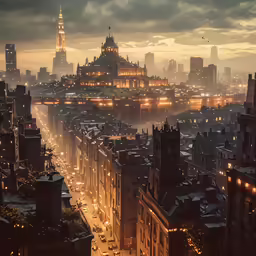 a cityscape at dusk with lights and skyscrapers