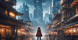 a person stands in an alleyway looking towards buildings with a clock tower at night
