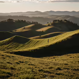 a person walking in the middle of a lush green hill