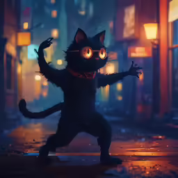 cat with glowing eyes standing on both arms
