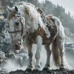 a white and brown horse with a white head is standing in some rocks