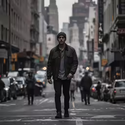 a man walking down the street during a rain