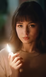 woman holding lighter in right hand with serious look on face