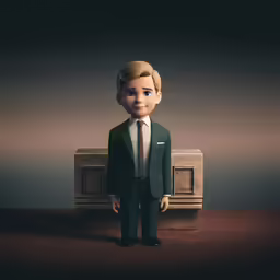 a digital illustration shows a small head man in a suit with a television behind him