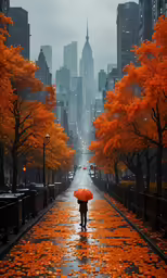 a person with an orange umbrella walking down the street
