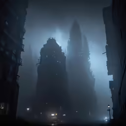 a dark photo of some tall buildings in the fog