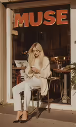 a woman on her cell phone sitting outside a museum