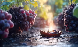 a wooden boat filled with lots of grapes sitting on a pile of dirt