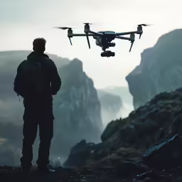 a man looks over a hill as he stares at an unmanned flying vehicle