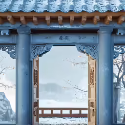 an oriental style gazebo with open windows showing a snowy landscape