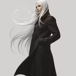 a woman with long white hair wearing a black coat