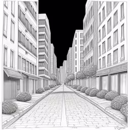 a pen drawing of an empty street with a black sky and white buildings,a drawing of buildings and brick sidewalk,an alley between some buildings with trees,a drawing of buildings in the distance with a sidewalk on both sides,the sidewalk is lined with trees and buildings