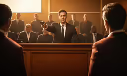 a man wearing a suit holding his gun pointing to someone sitting at a desk