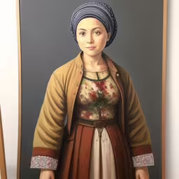 a painting of a woman dressed in medieval clothes