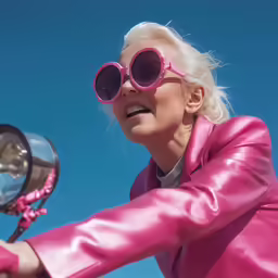 the woman is wearing pink sunglasses and is on a motorcycle