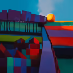 a bright and colorful city has a ball in the distance
