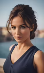 a woman wearing a blue dress standing by the water
