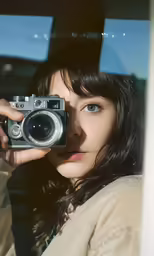 the woman is taking a photo in the car